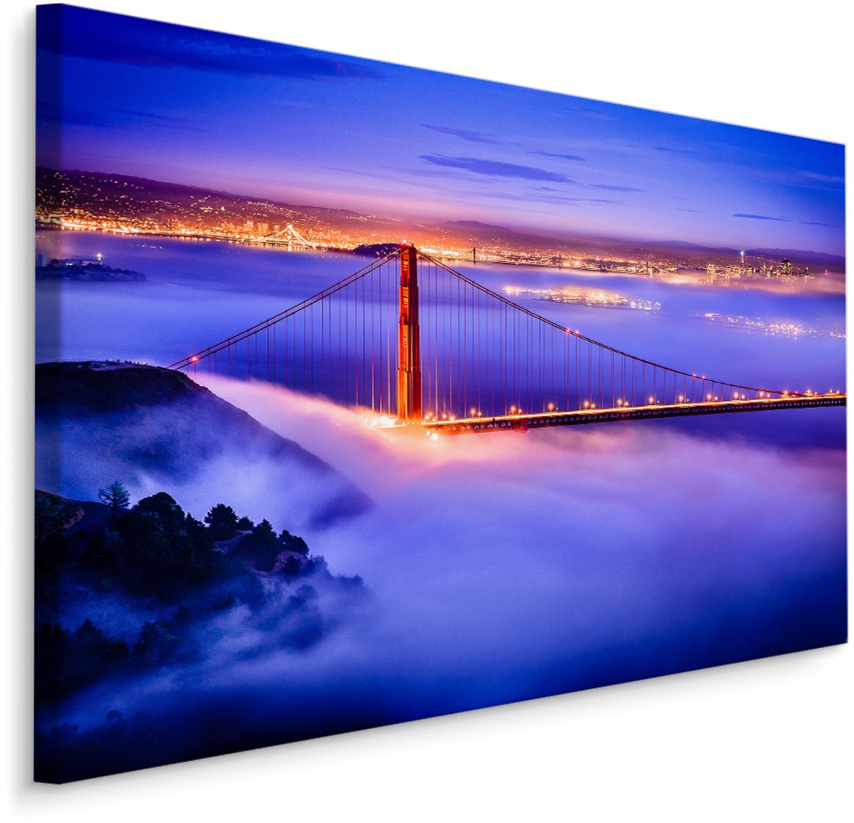 karo-art Schilderij Golden Gate Bridge in de avond, blauw/paars, 4 maten, premium print Multikleur