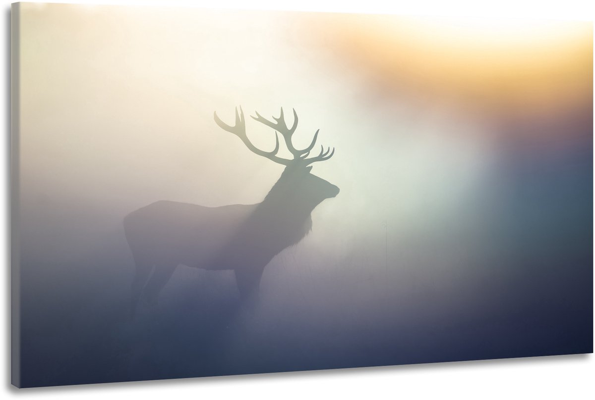 karo-art Schilderij -Hert in de mist, 100x70cm. Premium print Multikleur