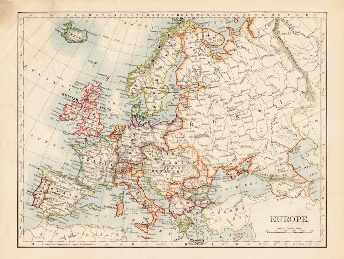 karo-art Schilderij - Ouderwetse kaart van Europa, 2 maten, Premium print Multikleur