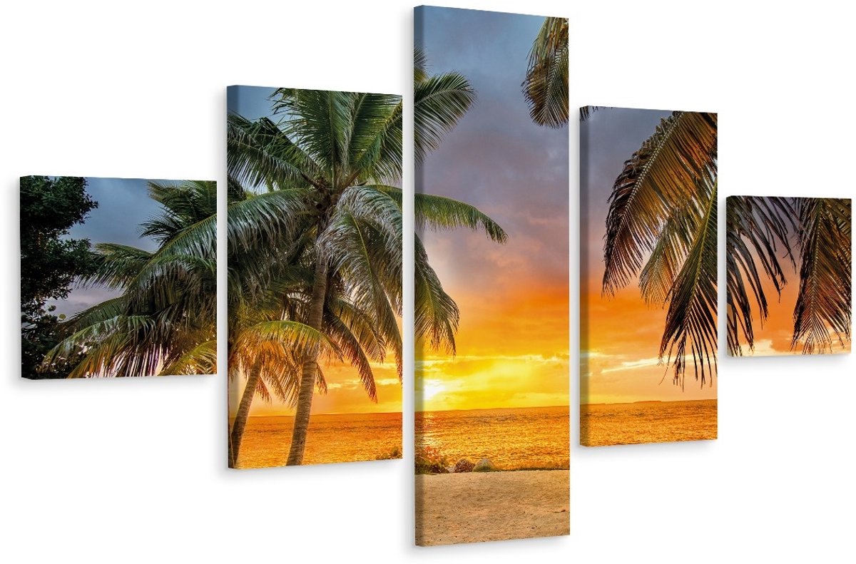 karo-art Schilderij - Zonsondergang op tropisch strand, 5 luik, Premium print Multikleur