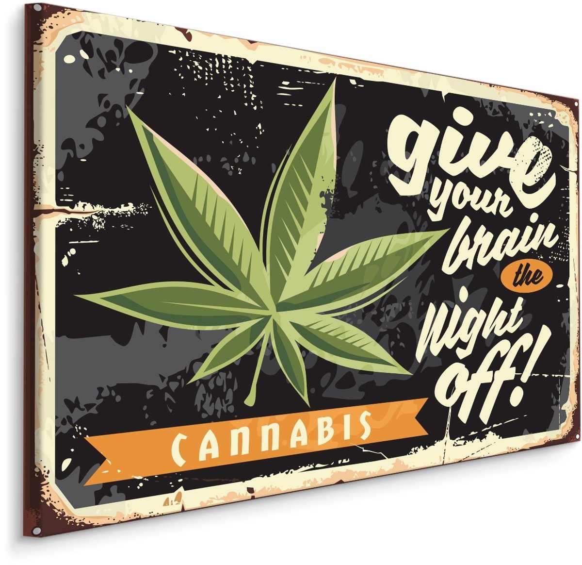 karo-art Schilderij - Cannabis blad en retro belettering, Premium Print Multikleur