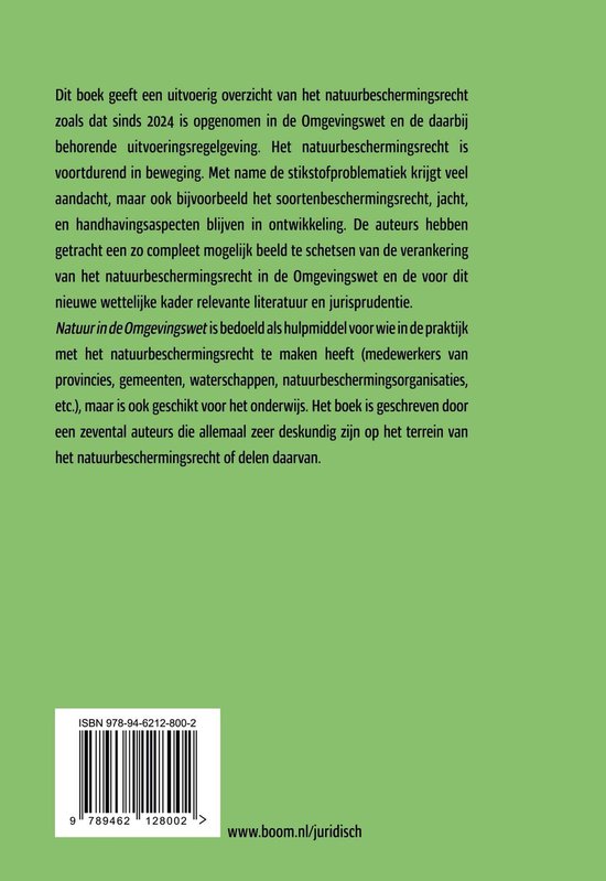 Achterkant van een boek met tekst over natuurwetgeving en ISBN.