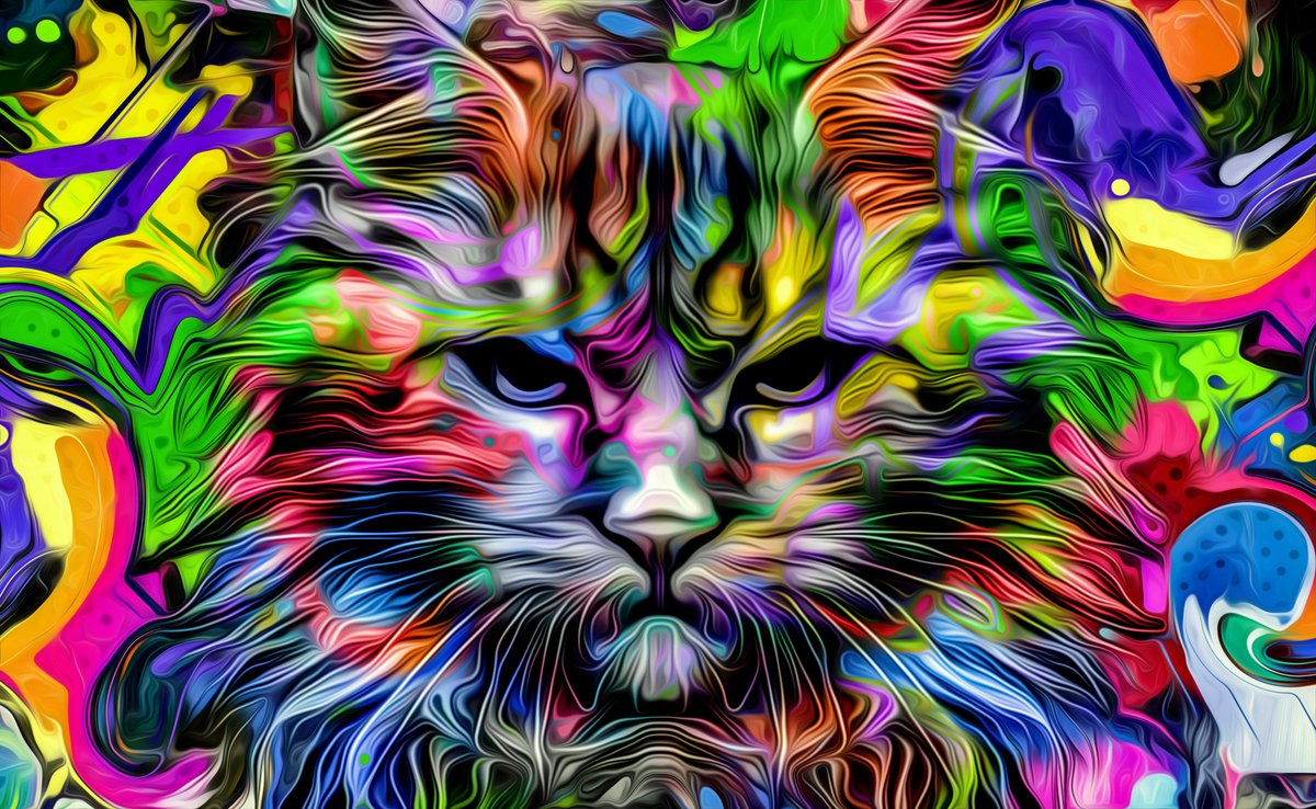 karo-art Schilderij - Hoofd van kat in regenboog kleuren, Multikleur, Premium Print op canvas, Wanddecoratie
