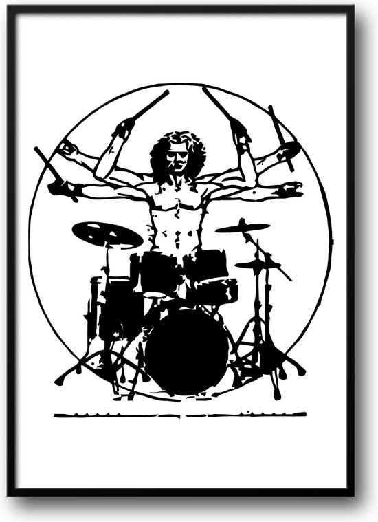 Davinci drummer fotolijst met glas 30 x 40 cm - Prachtige kwaliteit - uitvinder - Slaapkamer - Woonkamer - drums - grappig - Harde lijst - Glazen plaat - inclusief ophangsysteem - Grappige Poster - Foto op hoge kwaliteit uitgeprint