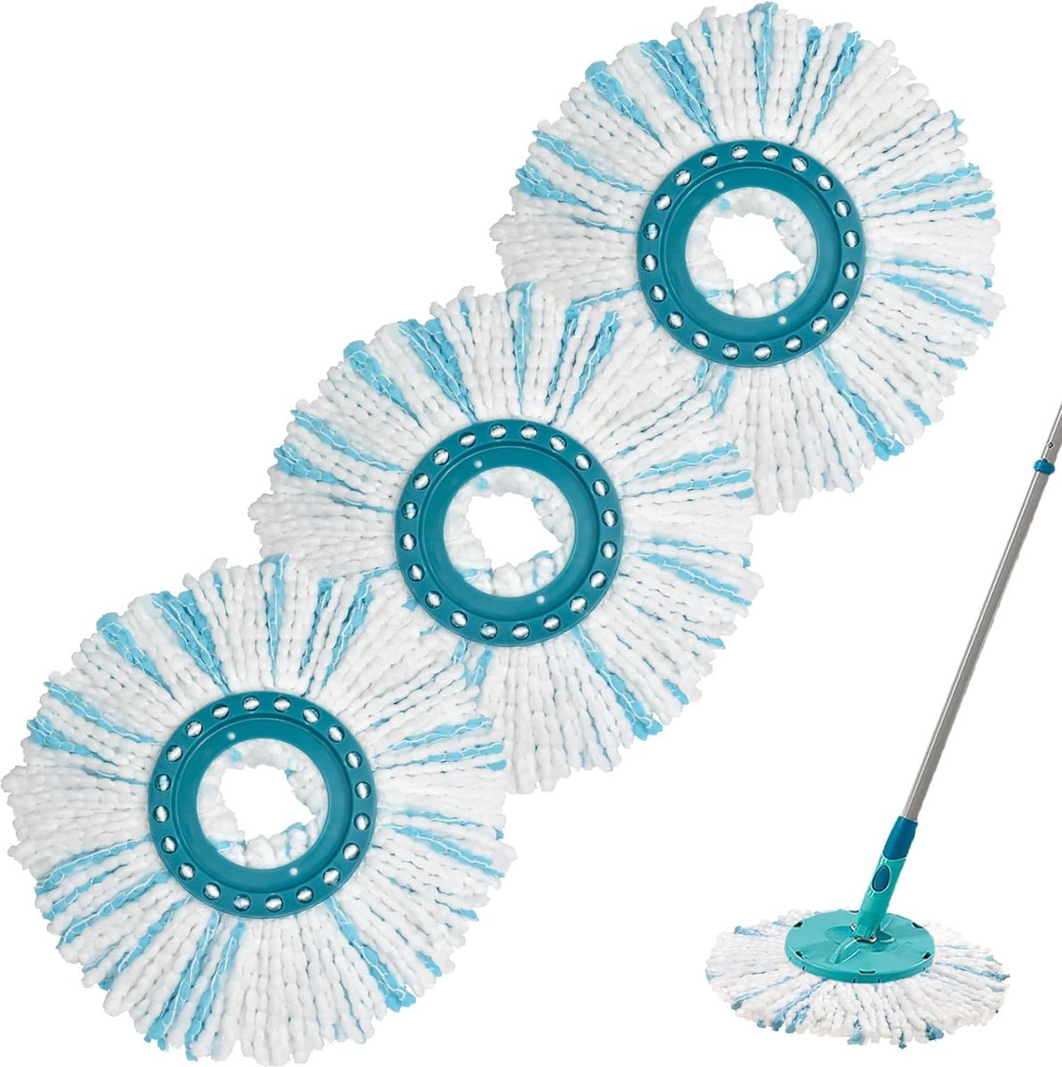 Goedkoopste 3 stuks dweilmop, vervanging, compatibel met mopsystemen, dweilkop, microvezel, zeer absorberend, geschikt voor alle vloertypes (blauw en wit