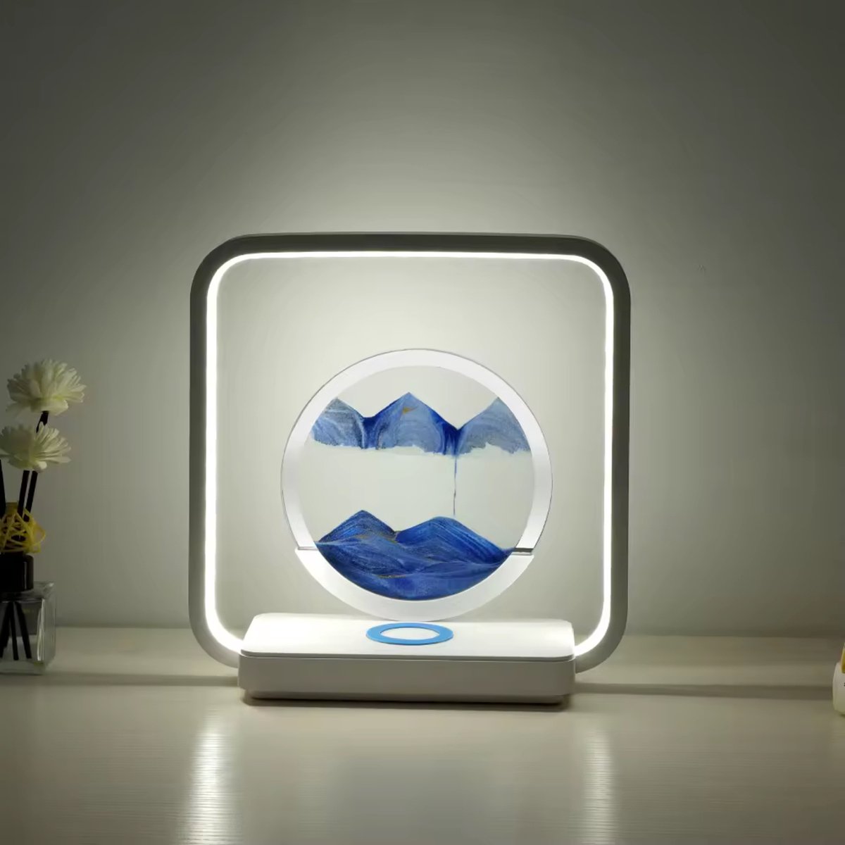 Zandloper blauw lamp 3D Bewegende kunst dimbaar Wit licht warm licht en geel licht Draadloos opladen Nachtlamp Decoratie