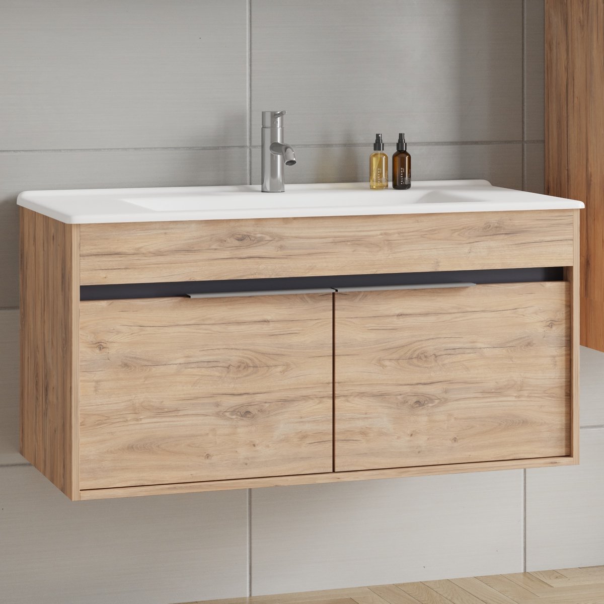 Kassel 100 cm Badkamermeubel Dorado – Softclose Semi-Handgreep, 2 Deuren, Keramische Wastafel