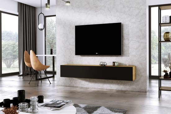 Meubel Square - TV meubel DIAMOND - Eiken / Mat Zwart - 180cm - Hangend TV Kast