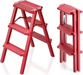 Trapladder, 3 treden, aluminium ladder, opstapkruk, opstapladder, opvouwbaar, kleine vouwladder, maximale belasting 150 kg, antislip en stabiel (rood)