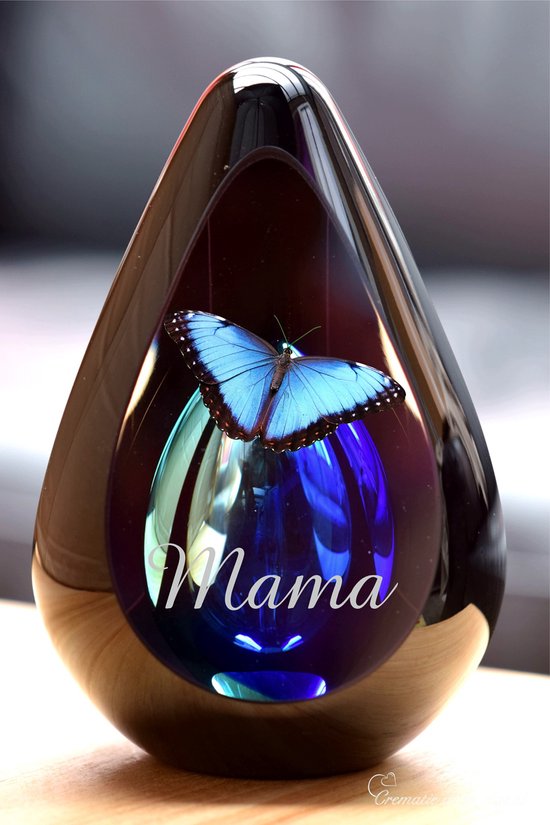 Urn voor crematie-as-Urn Premium Design Glas met afbeelding van een vlinder en uw aangegeven naam-Urn met afbeelding dmv.hoge kwaliteit foto sign folie-Urn voor Deelbestemming- Urn Glas-60ml inhoud-Premium collectie-Transparant blauwe askamer