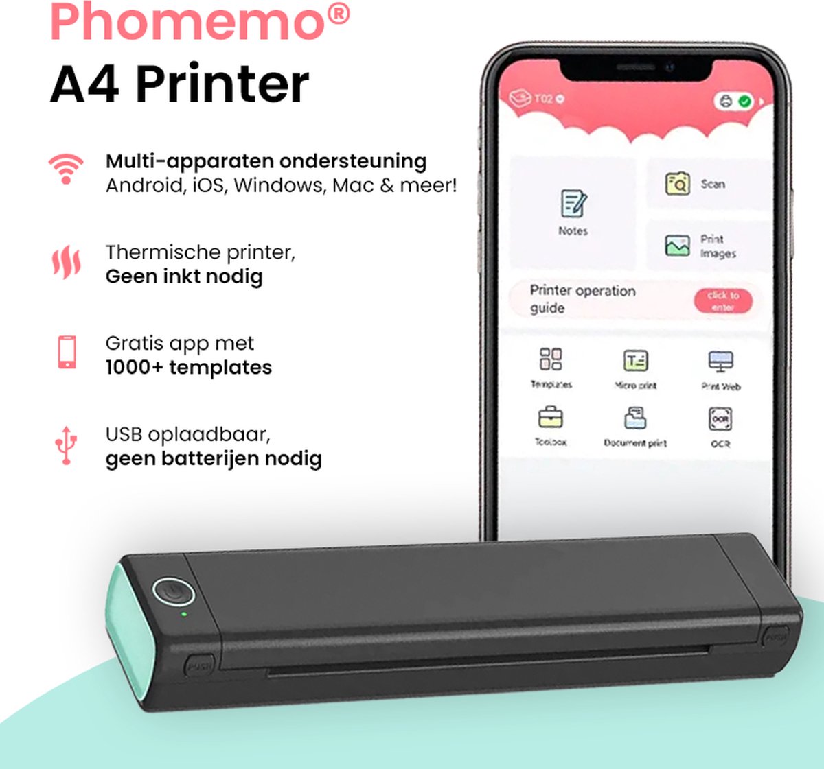 Phomemo M08E Draagbare A4 Inktloze 300Dpi Thermische Printer Compatibel