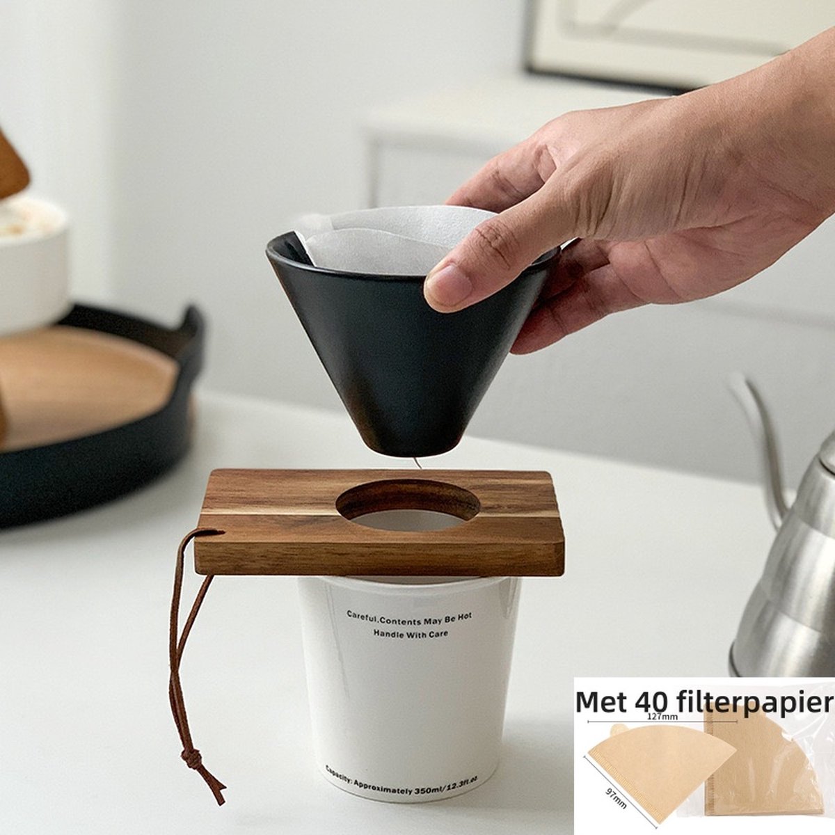 Draagbaar Druppel koffiezet Koffie Filter To Go Filterhouder Herbruikbaar Duurzaam Reizen Kamperen Kantoor Thuis Keramisch Hout Zwart