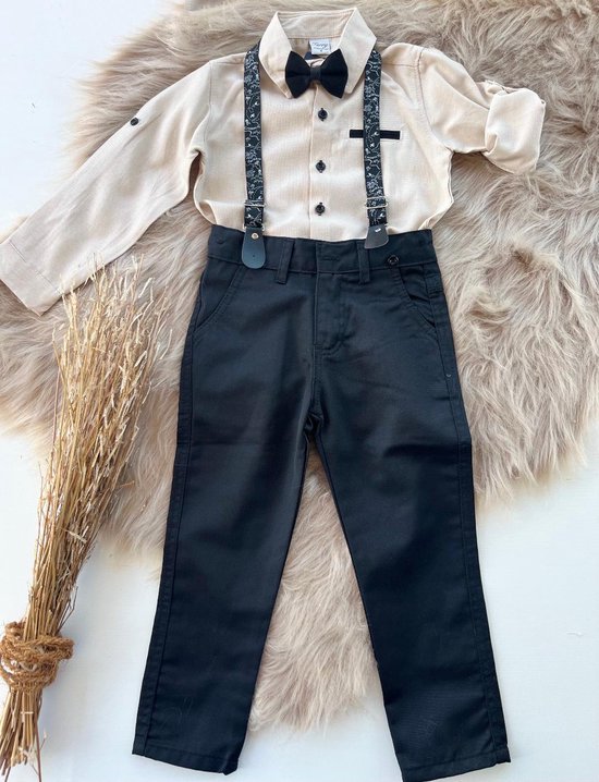 luxe vierdelige katoenen set-4 delig kinderpak- effen beige overhemd, verstelbare bretels en vlinderdas- kostuumbroek (zwart), feestoutfit-bruiloft-fotoshoot-verjaardag- 3 jaar
