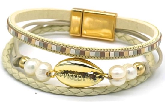 Bracelet Femme - Coquillage - Cuir - Perles - 19 cm - Beige