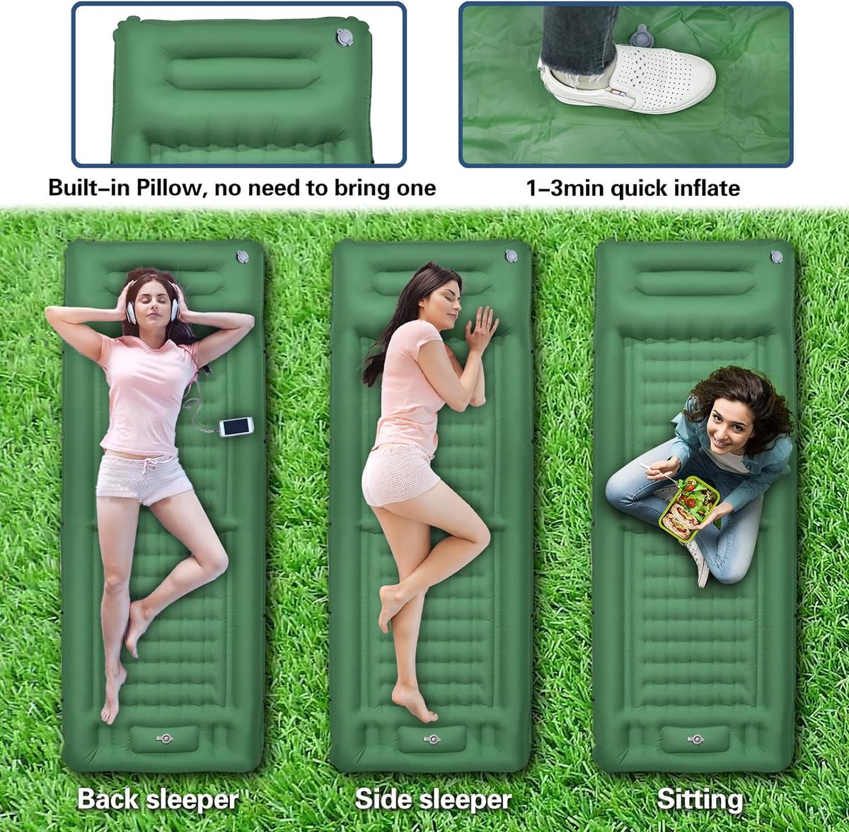 Paerduo Camping isomat, zelfopblaasbare luchtmatras, 12 cm, verdikt, ultralicht, outdoor opblaasbaar matras met voetpomp, en kussen voor kamperen, strand en trekking (blauw