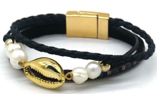 Bracelet Femme - Coquillage - Cuir - Perles - 19 cm - Zwart