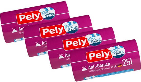 Pely® | 4 x 14 anti geur afvalzakken | 25 liter | klimaatneutraal | trekband zakken | tegen geurtjes | 50 x 50 cm