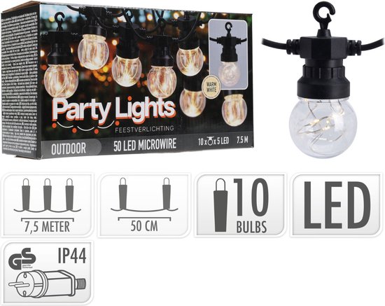 Feestverlichting voor de Tuin - 450cm verlicht- 50 LED- 10 x Bol met 5 x MicroLed per Bol- warm wit
