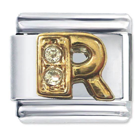 Quiges - Schakel - Bedel - 9mm - charms - Goud - Zirkonia - alfabet - letter R - Geschikt voor - Nomination- armband - Schakelarmband - italy bedels armband