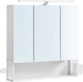 Spiegelkast badkamer met verlichting, badkamerkast, geïntegreerde kabel, spiegelkast, wandkast, in hoogte verstelbare plank, 3 deuren, modern, wit