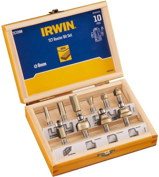 Kit de fraisage Irwin connexion 10 pièces dans une boîte en bois - connexion à broche 8 mm