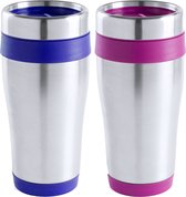 Tasses chauffantes/tasses à café/tasses isothermes thermos - 2x pièces - acier inoxydable - bleu foncé et rose - 450 ml