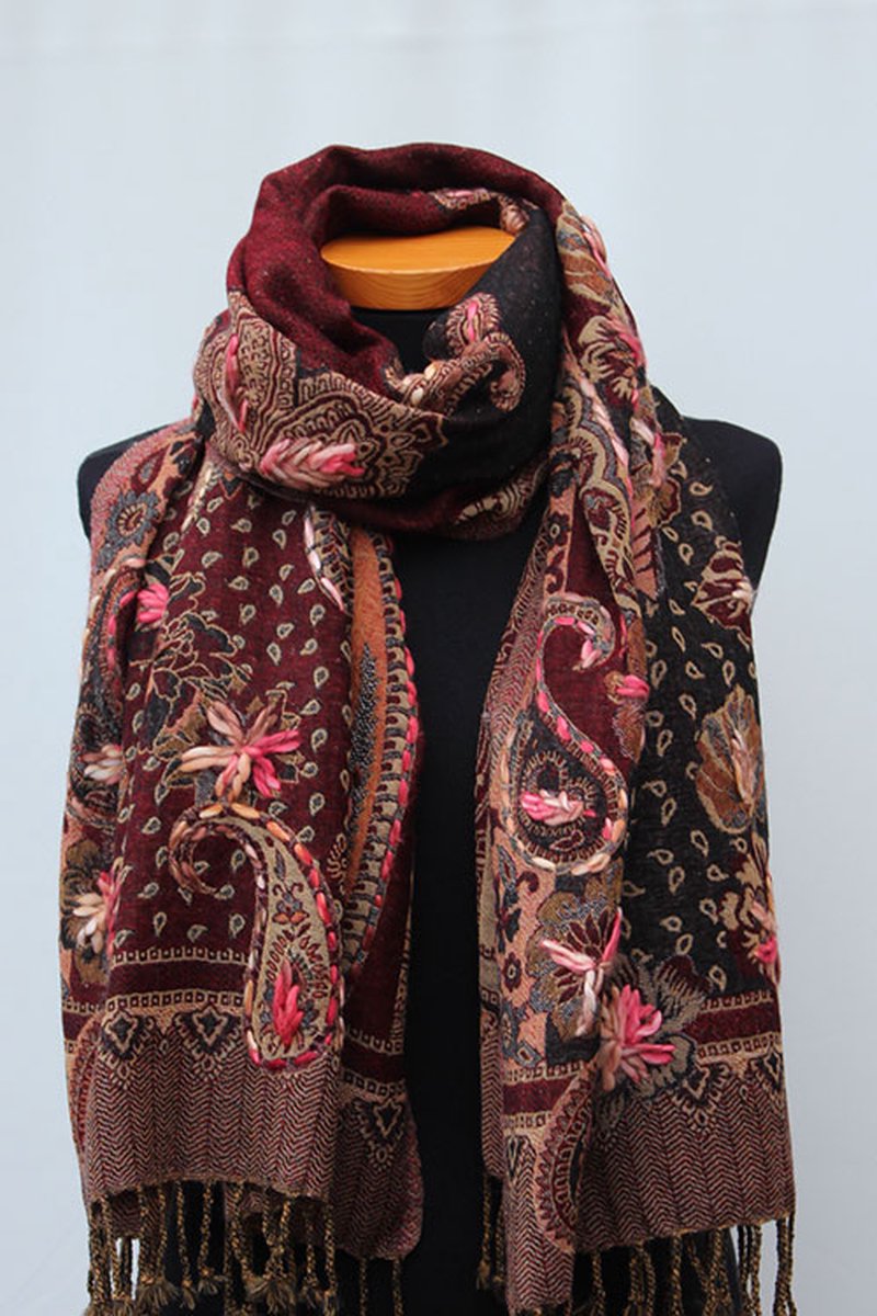 Wollen geborduurde sjaal en omslagdoek Rood-Bruin