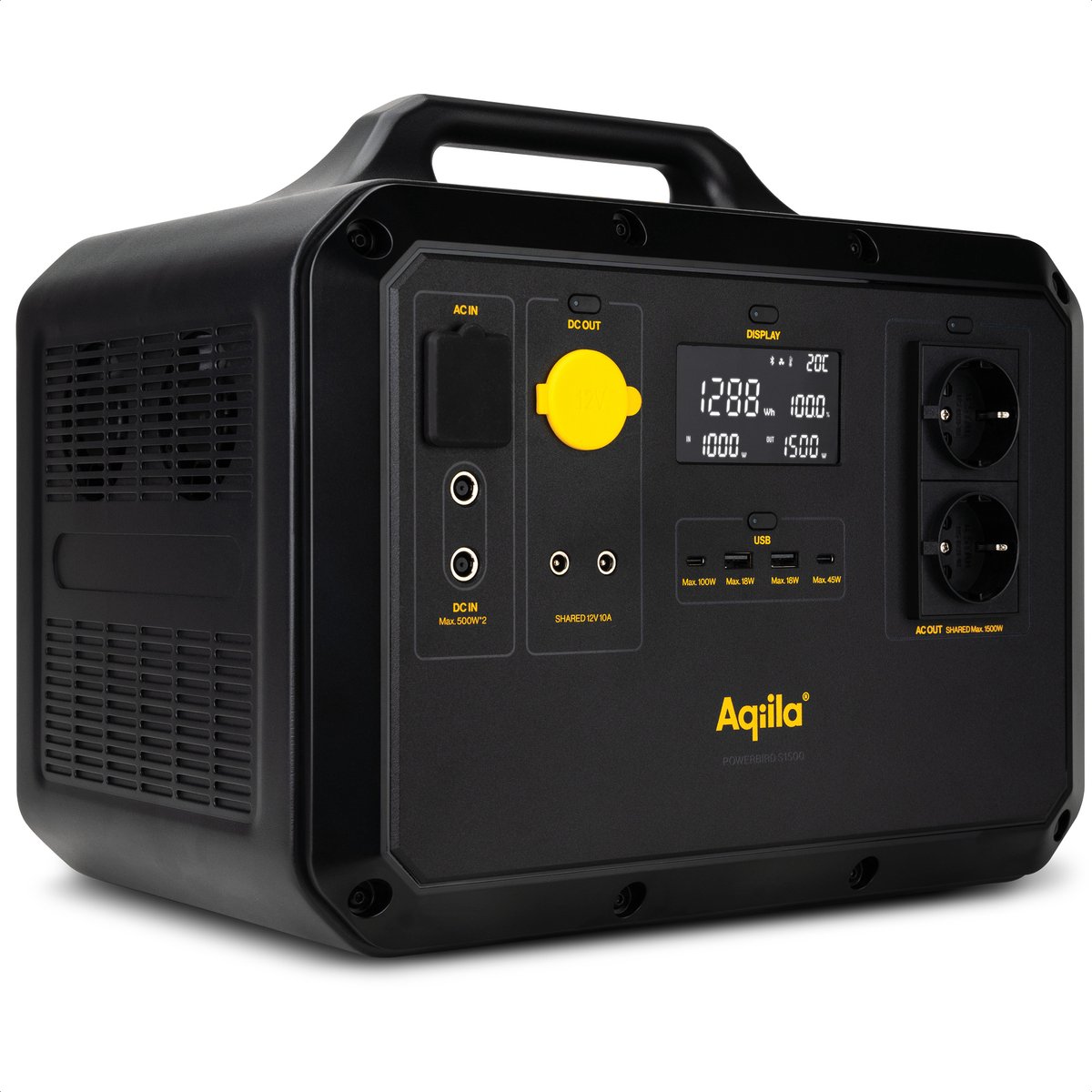 Aqiila Portable Powerstation 1568Wh 1500 Watt LiFePo4 | Draagbare Generator, 9 Uitgangen 2x AC USB-C/A 12V | Powerbank met Stopcontact, Power Station Generator voor Camping, Noodpakket, LED-lamp