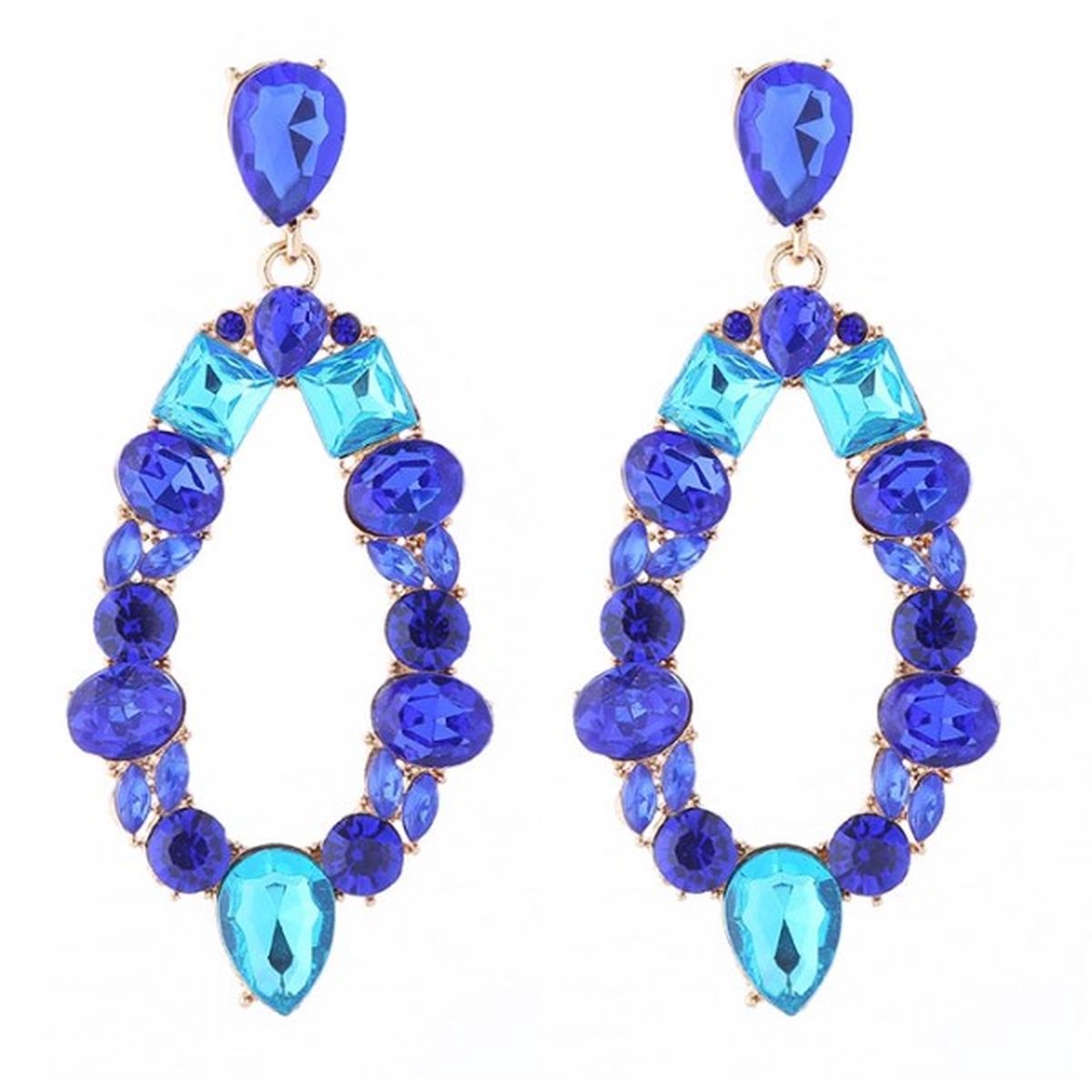 Encantada - Oorbellen - Rhinestone - Glass - 7,7 x 3,5cm - Blauw/Goudkleurig
