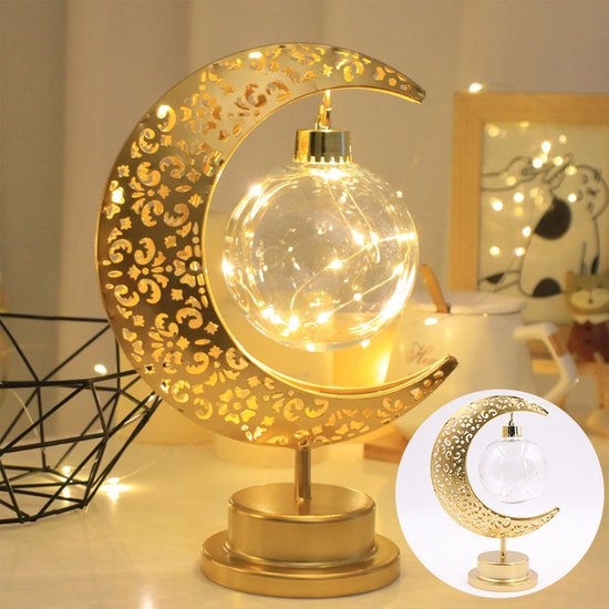 Lewondr Decoratieve tafellamp, kerst maan ster ramadan bureaulamp batterij aangedreven warm led halve maan licht voor Kerstmis thuis slaapkamer nachtkastje desktop nachtkastje decoratie, wit