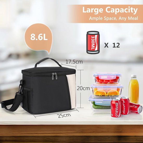Lunchtas 8,6 liter, geïsoleerde en lekvrije koeltas, thermische lunchtas met verstelbare schouderband, voor werk, school, picknick, zwart van TaoXiang — afbeelding 2