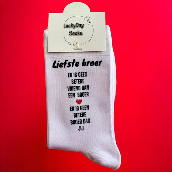 Liefste Broer - Broertje - Hou van je - Verjaardag - Gift - Broer cadeau - Sokken met tekst - Witte sokken - Cadeau voor vrouw en man - Kado - Sokken - Verjaardags cadeau voor hem en haar - Vaderdag - LuckyDay Socks - Maat 37-44