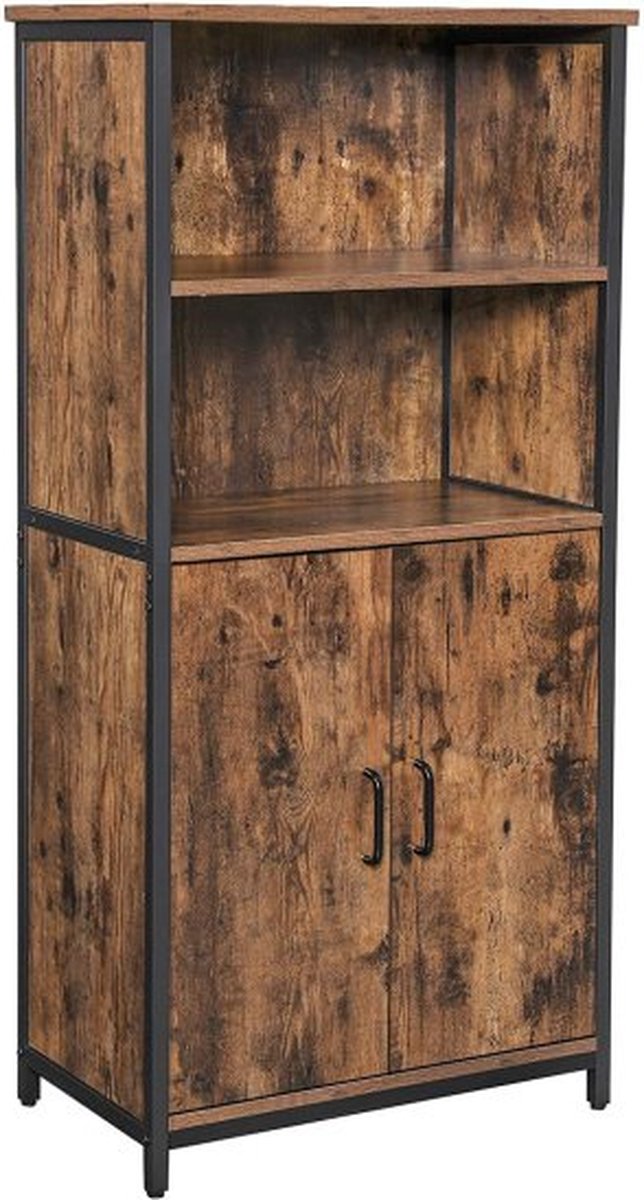 Boekenkast, Kantoorkast, Keukenkast Met 2 Open Planken, Verstelbare Planken, Multifunctioneel, İndustrieel Design, Vintage Bruin-Zwart