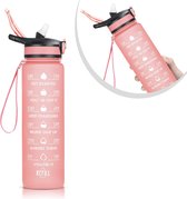 Allsa Drinkfles Motivatie & Tijdmarkering - Waterfles 1 Liter - BPA- & Lekvrij - Drinkfles Kinderen & Volwassenen - Drinkfles met Rietje - Roze