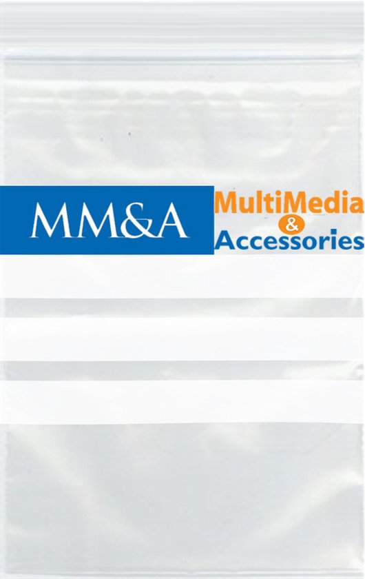 Petit sac en plastique transparent avec logo bleu et orange MM&A MultiMedia & Accessories.