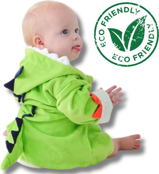 BoefieBoef Dinosaurus Groen Eco Dieren Badjas voor Baby's & Peuters 0-2 Jaar - Hypoallergene Bamboe Kinderbadjas met Dieren Capuchon – Perfecte Ochtendjas als Duurzaam Kraamcadeau