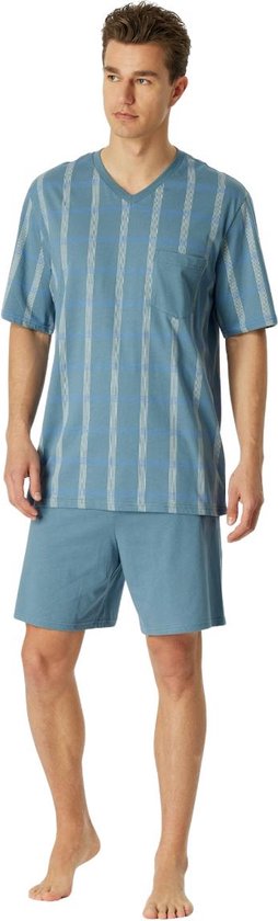 SCHIESSER Comfort Nightwear pyjamaset - heren pyjama short organic cotton V-hals borstzak blauw-grijs geruit - Maat: 5XL