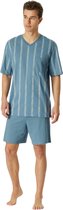 SCHIESSER Comfort Nightwear pyjamaset - heren pyjama short organic cotton V-hals borstzak blauw-grijs geruit - Maat: 3XL