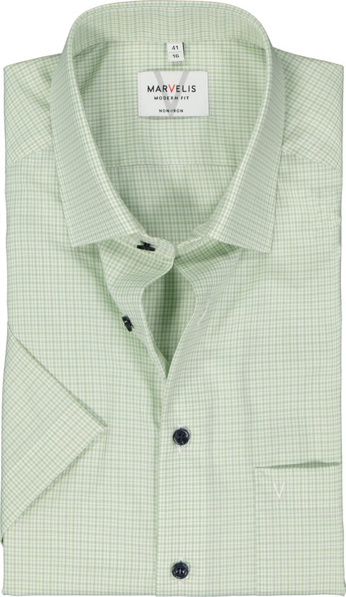 MARVELIS modern fit overhemd - korte mouw - popeline - lichtgroen met wit geruit - Strijkvrij - Boordmaat: 40
