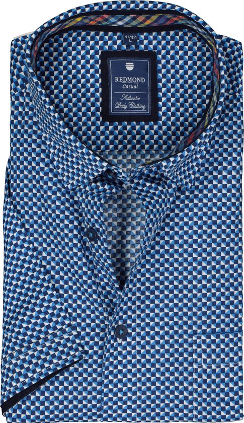Redmond regular fit overhemd - korte mouw - popeline - blauw dessin - Strijkvriendelijk - Boordmaat: 51/52