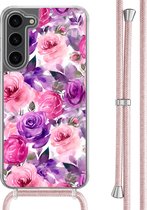 Casimoda® hoesje met rosegoud koord - Geschikt voor Samsung S23 Plus - Rosy Blooms - Afneembaar koord - TPU/polycarbonaat - Paars