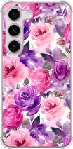 Casimoda® hoesje - Geschikt voor Samsung Galaxy S23 Plus - Rosy Blooms - Shockproof case - Extra sterk - TPU/polycarbonaat - Paars, Transparant