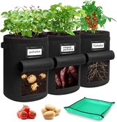 Aardappelplantenzak, aardappelzak voor planten, 3 stuks, plantenzakken van 10 liter met zichtbare klep, plantenbordjes om te beschrijven voor aardappelen, tomaten, bloemen, groenten (zwart)