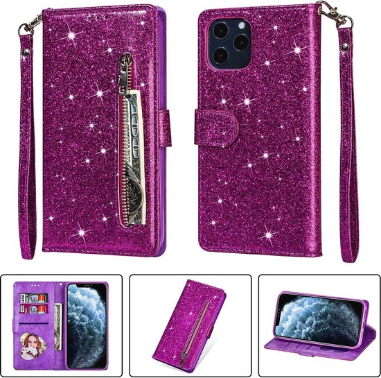 Étui portefeuille - Étui portefeuille - Fermeture éclair à Glitter scintillantes - Étui de téléphone avec Kord Convient pour : Apple iPhone 11 - Violet