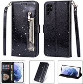 Portemonnee Hoesje - Wallet Case - Rits Sparkly Glitter - Telefoonhoes met Kord Geschikt voor: Samsung Galaxy S23 Ultra - Zwart