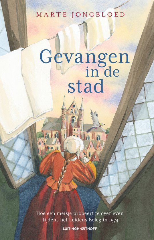 Boekomslag met illustratie van een meisje dat uit een raam kijkt naar een stad. Titel: Gevangen in de stad.