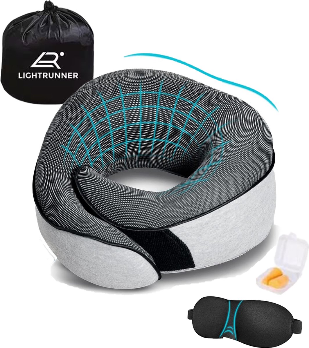 Lightrunner - Luxe nekkussen - Reiskussen voor vliegtuig - Nekkussen Set - Memoryfoam - Traagschuim - Quincs