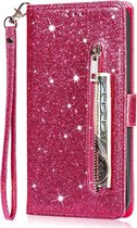 Portemonnee Hoesje - Wallet Case - Rits Sparkly Glitter - Telefoonhoes met Kord Geschikt voor: Samsung Galaxy S22 Ultra - Roze
