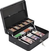 Geldcassette van metaal met sleutelslot, bankbiljetten en muntenkluis, draagbare grote dubbellaagse veilige geldcassette met 2 sleutels - 30 x 24 x 9 cm, zwart