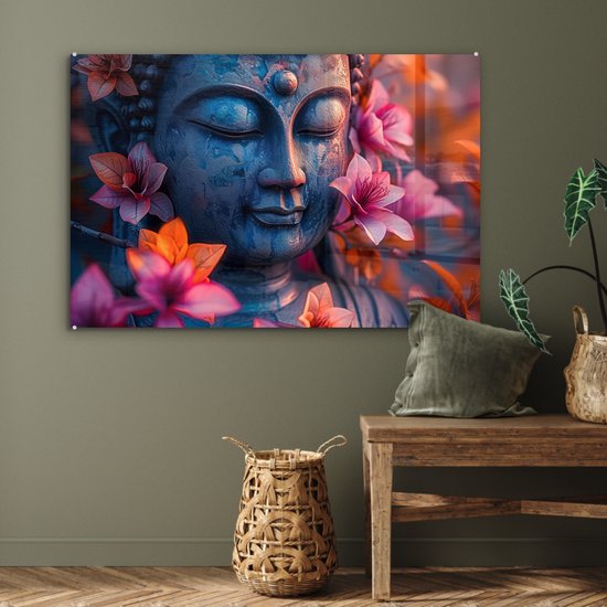 MuchoWow® Glasschilderij 120x80 cm - Schilderij acrylglas - Boeddha - Portret - Bloemen - Buddha - Beeld - Foto op glas - Muurdecoratie woonkamer - Wanddecoratie slaapkamer - Schilderijen